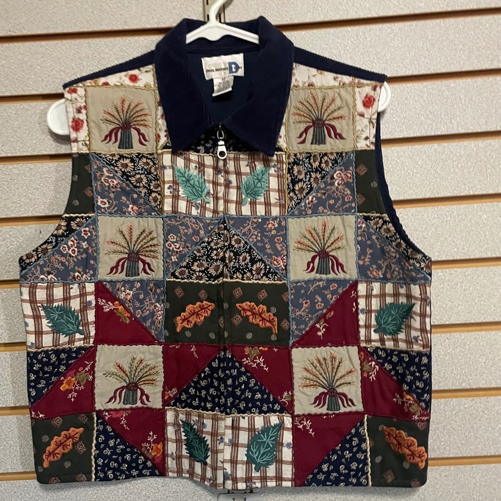 VTG Paul Harris Design Medium Patchwork Quilted Corduroy Vest Navy Blue Fall Zip